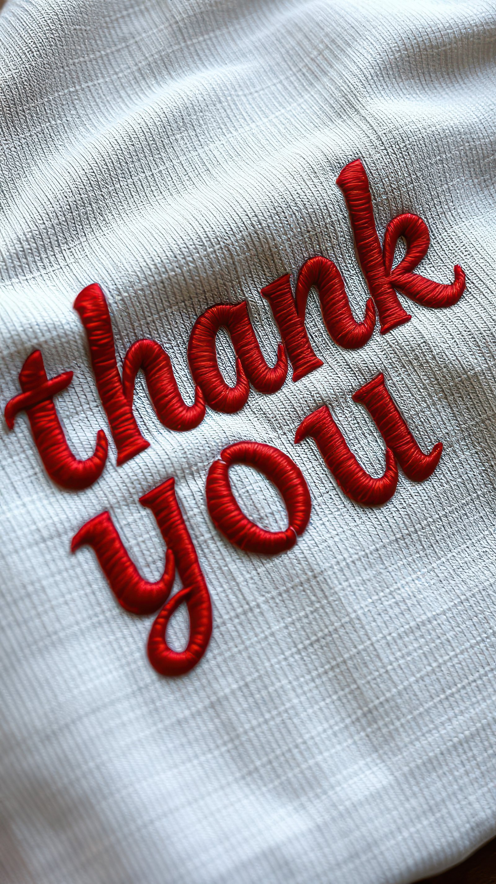 Embroidered thank you message on white fabric showcasing gratitude and warmth in textile design